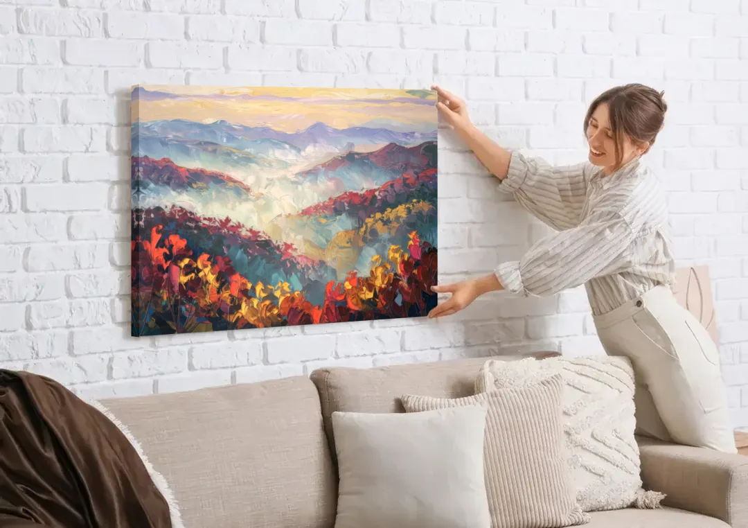 Knoxville Smoky Mountains Scene canvas wall art being hung on a white brick wall above a sofa