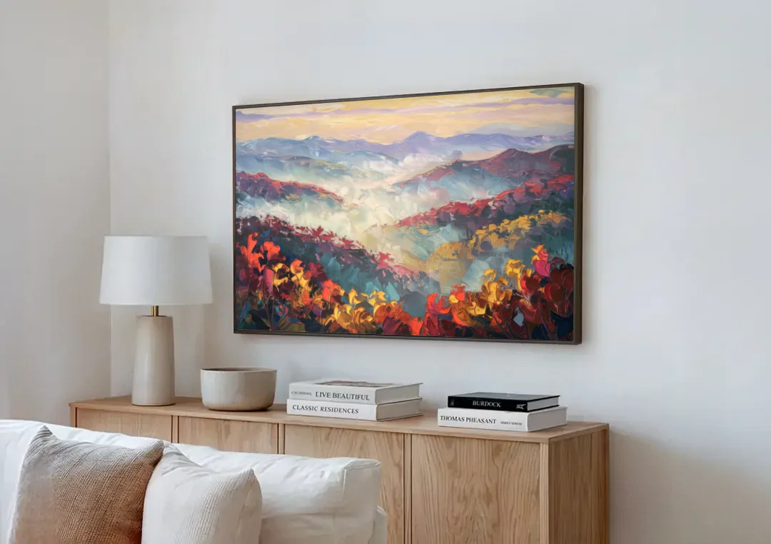 Knoxville Smoky Mountains Scene canvas wall art above a wooden sideboard next to a sofa