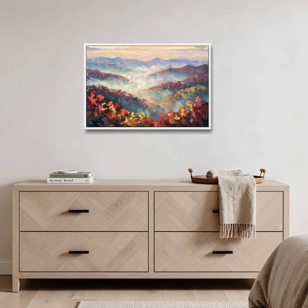 Knoxville Smoky Mountains Scene - White Framed Canvas Wall Art - Coffee Table - 36x24