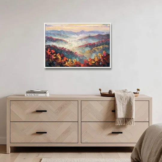 Knoxville Smoky Mountains Scene - White Framed Canvas Wall Art - Coffee Table - 36x24