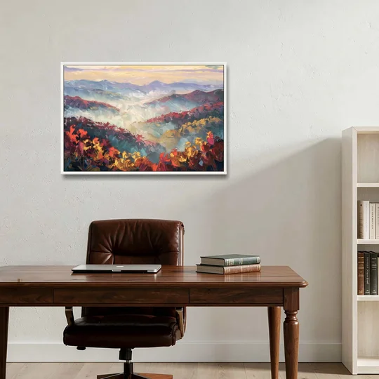 Knoxville Smoky Mountains Scene - White Framed Canvas Wall Art - Office - 36x24