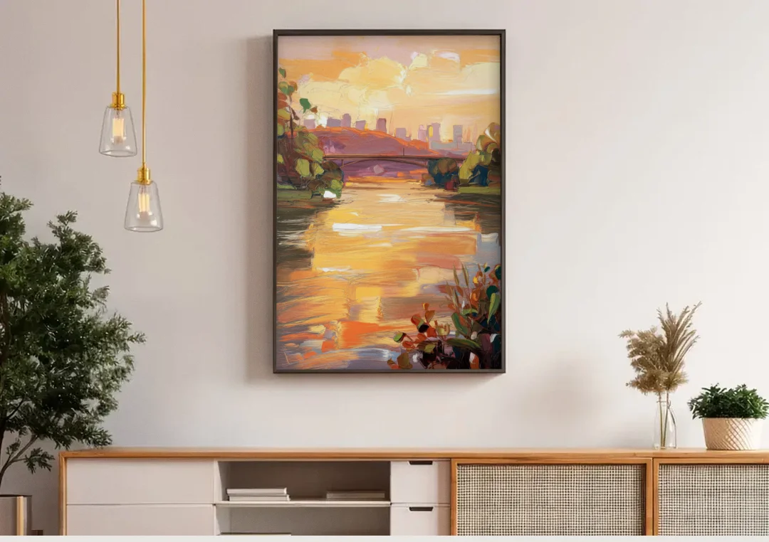 Knoxville Tennessee River View canvas wall art above a wooden sideboard under pendant lights