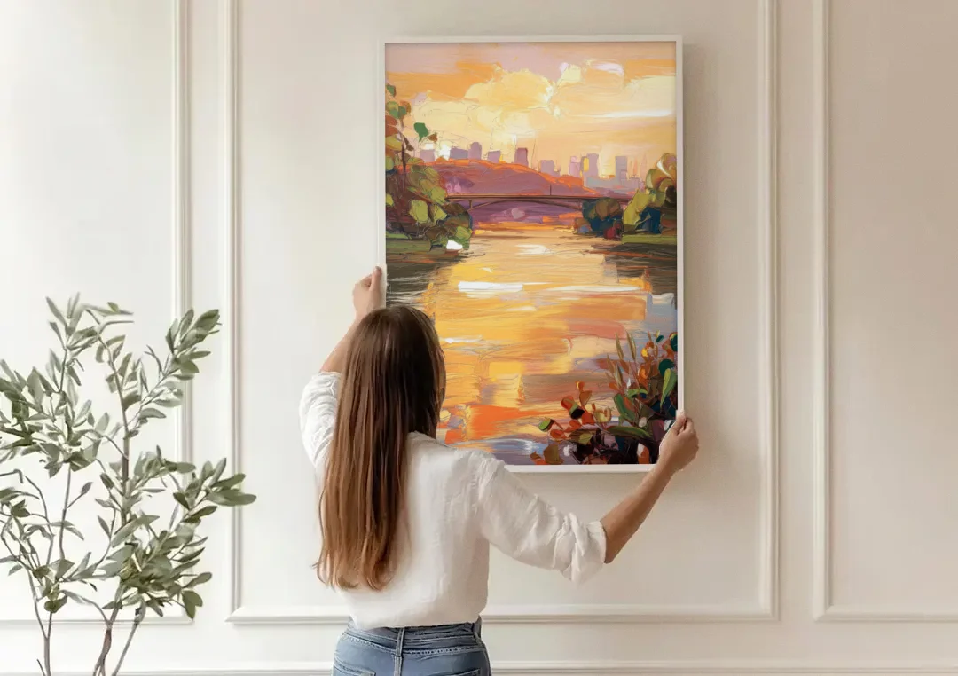 Knoxville Tennessee River View canvas wall art being hung on a paneled wall