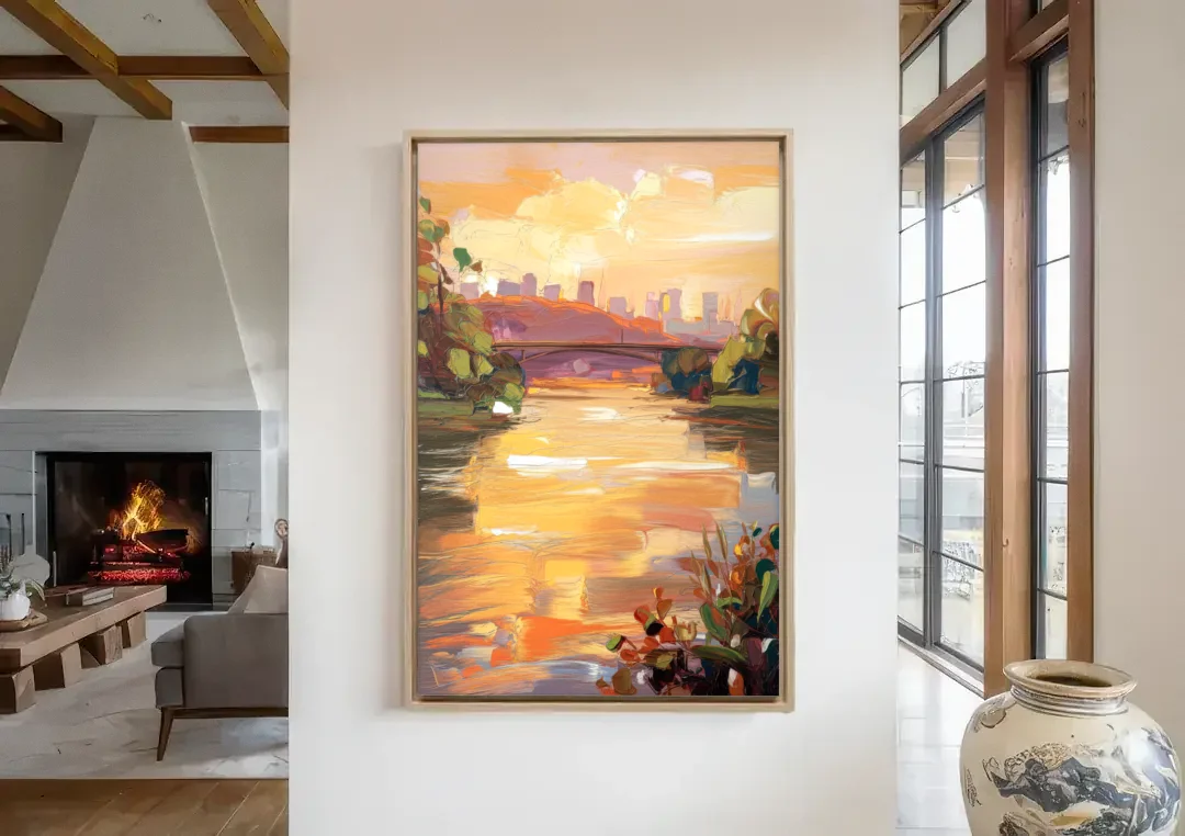 Knoxville Tennessee River View canvas wall art in a living room with a fireplace