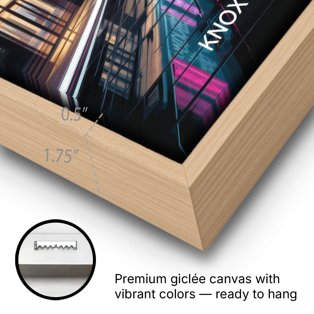 Knoxville Urban Night Lights - Oak Framed Canvas Wall Art - Gallery Wrap Corner
