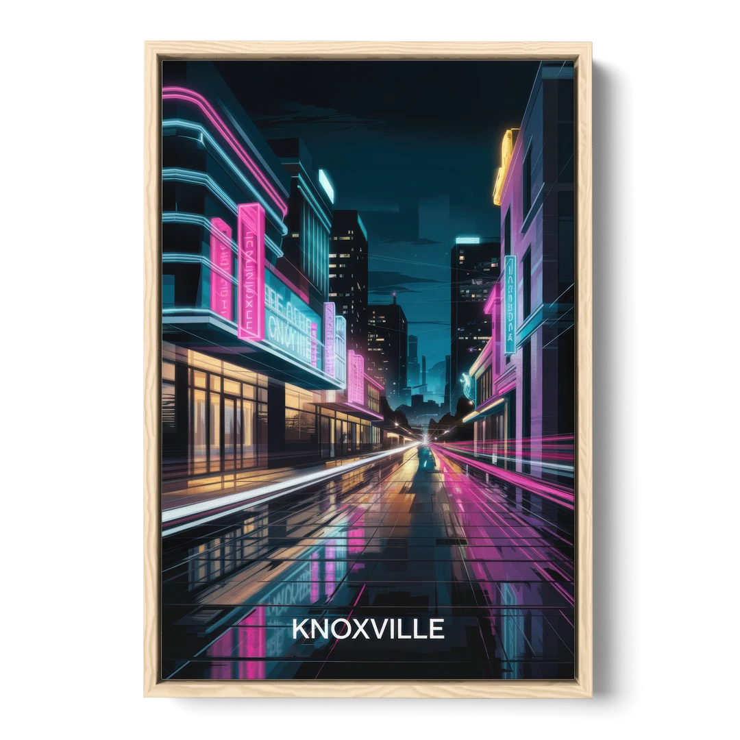Knoxville Urban Night Lights - Oak Framed Canvas Wall Art - Front