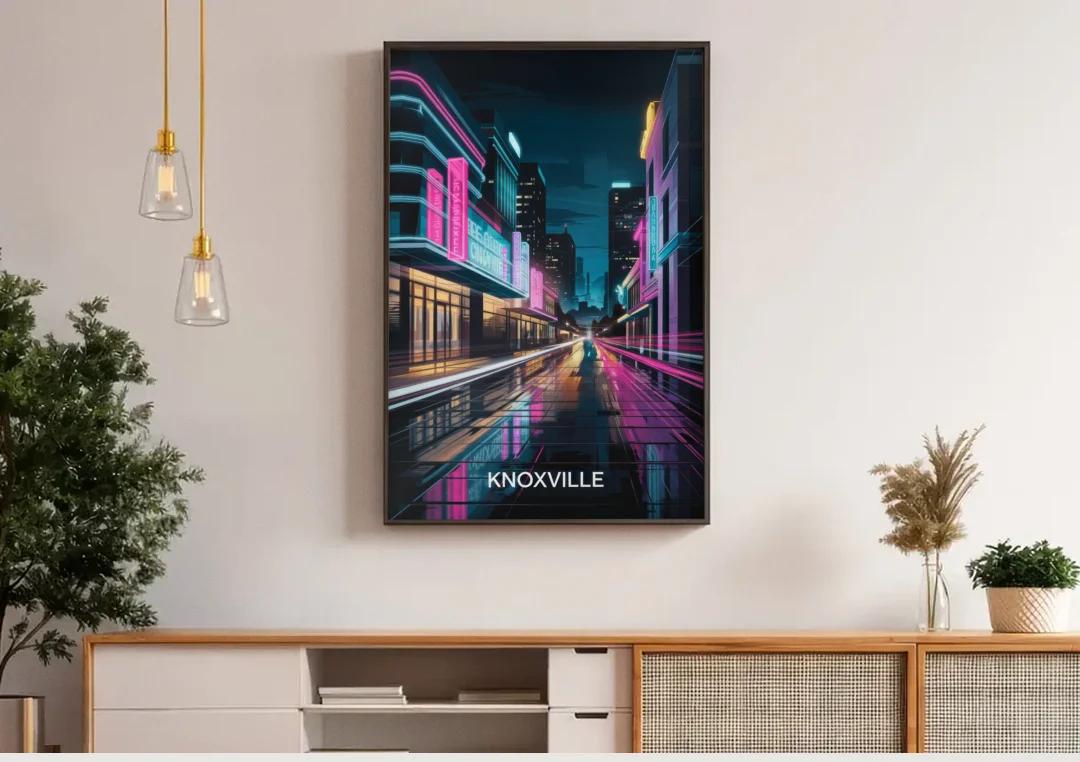 Knoxville Urban Night Lights canvas wall art above a wooden sideboard under pendant lights