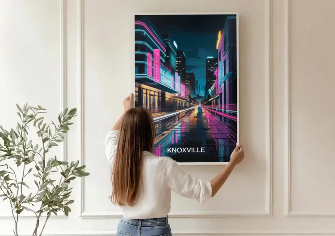 Knoxville Urban Night Lights canvas wall art being hung on a paneled wall
