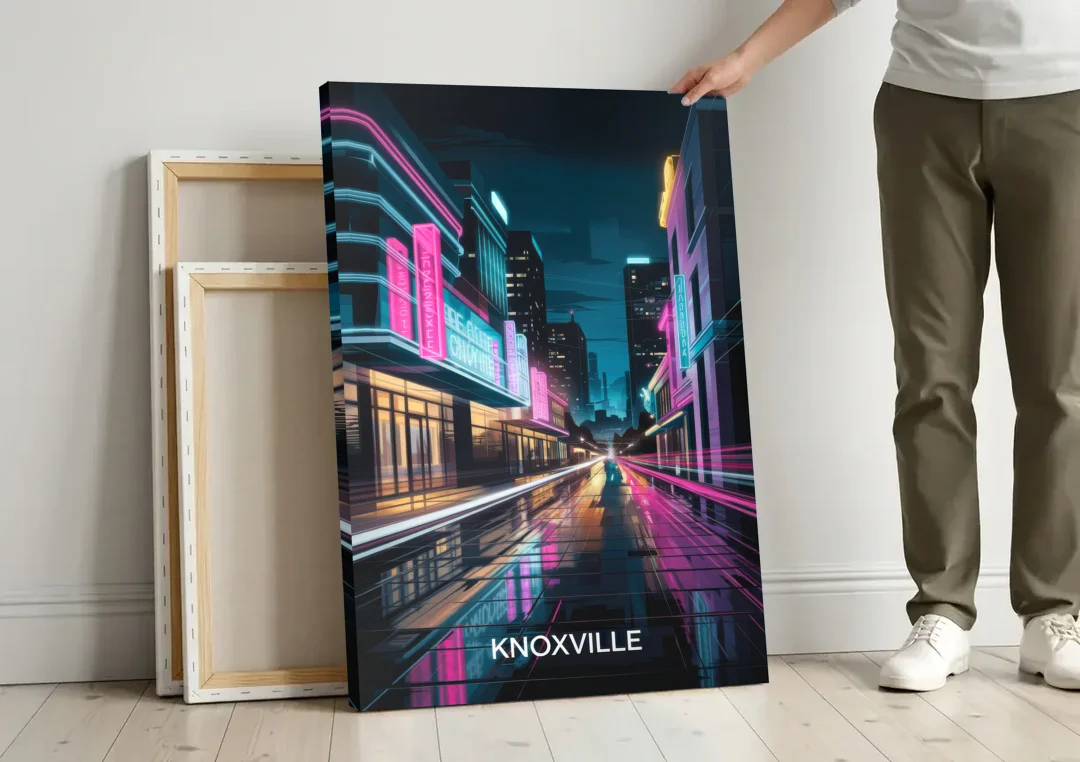 Knoxville Urban Night Lights canvas wall art leaning against a wall next to blank canvases
