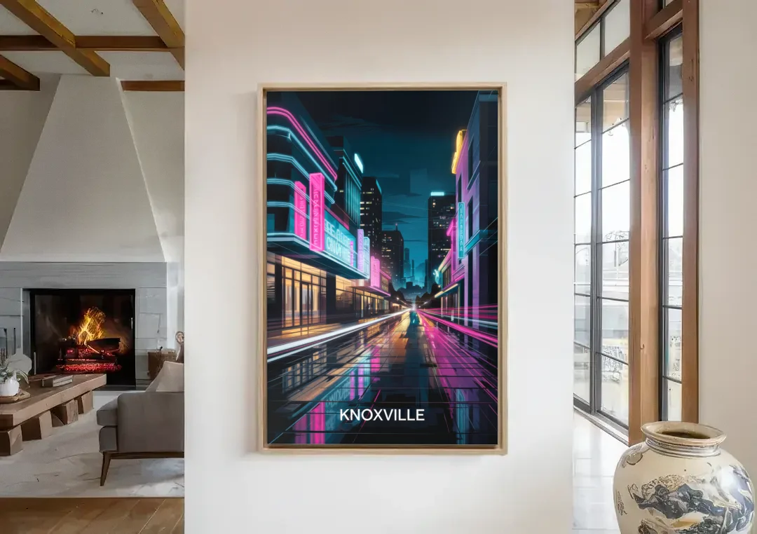 Knoxville Urban Night Lights canvas wall art in a living room with a fireplace