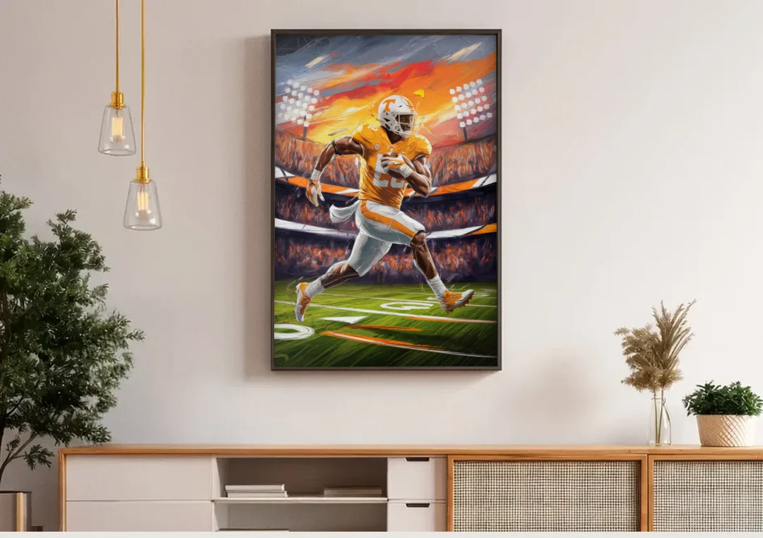 Knoxville Vols Game Day canvas wall art above a wooden sideboard under pendant lights