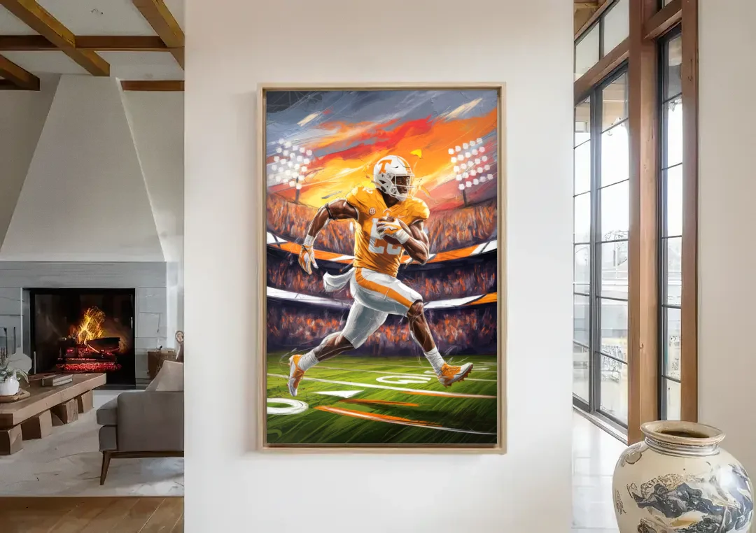 Knoxville Vols Game Day canvas wall art in a living room with a fireplace