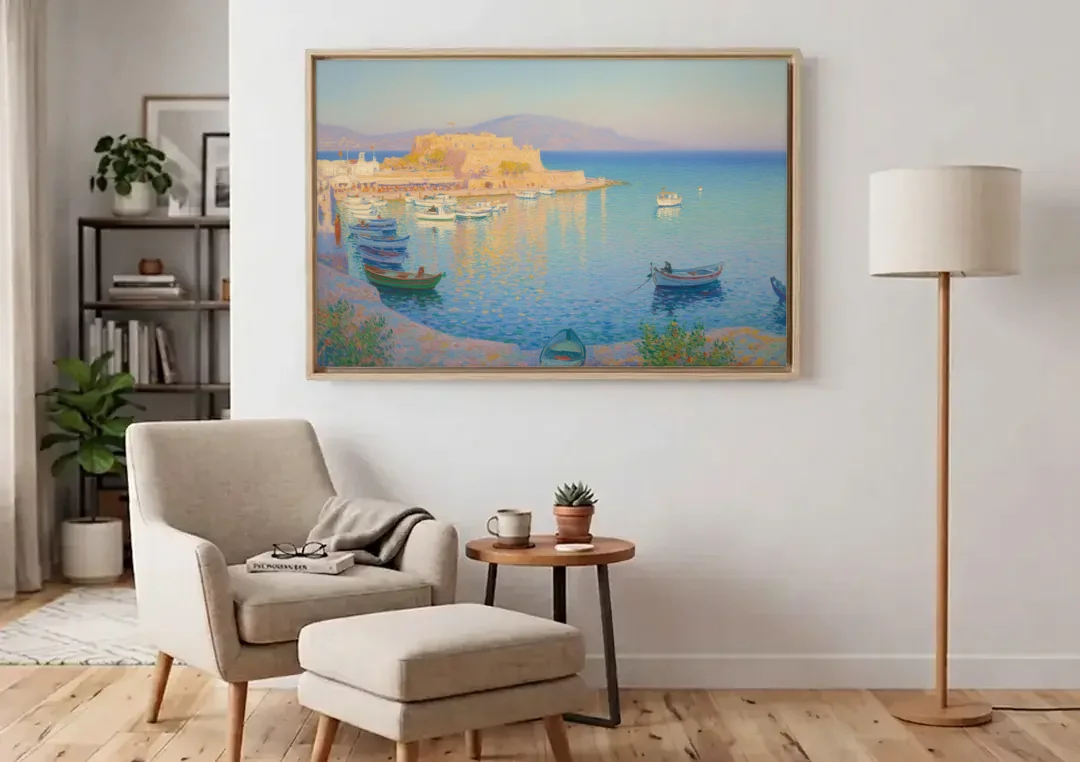 Koules Fortress canvas wall art above an armchair in a bright living room