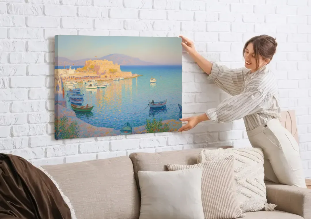Koules Fortress canvas wall art being hung on a white brick wall above a sofa