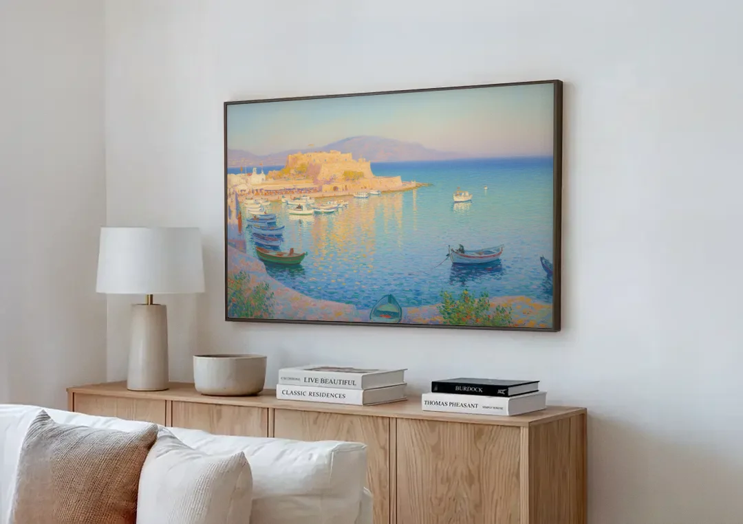 Koules Fortress canvas wall art above a wooden sideboard next to a sofa