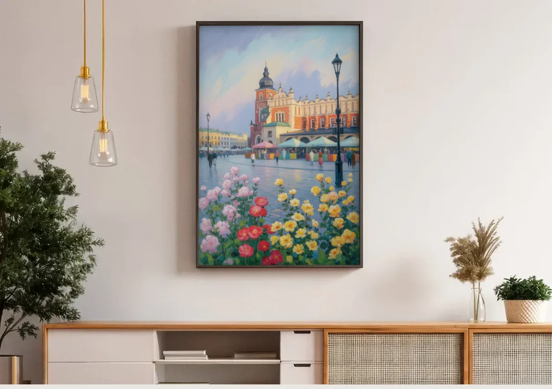 Krakow's Cloth Hall canvas wall art above a wooden sideboard under pendant lights