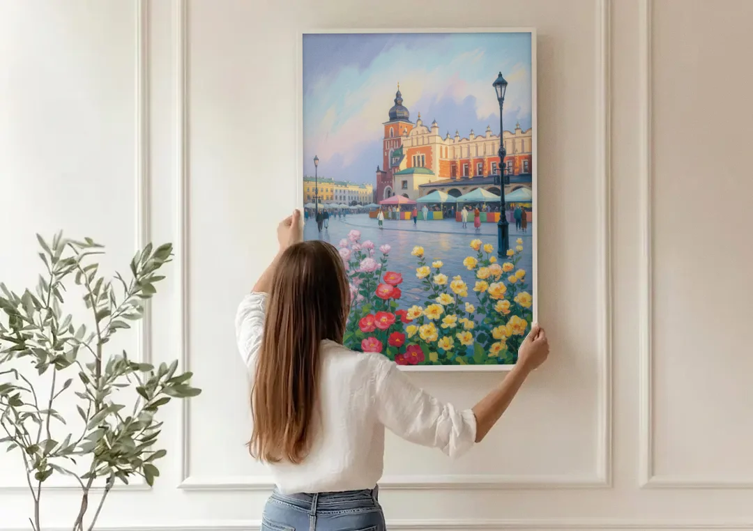Krakow's Cloth Hall canvas wall art being hung on a paneled wall