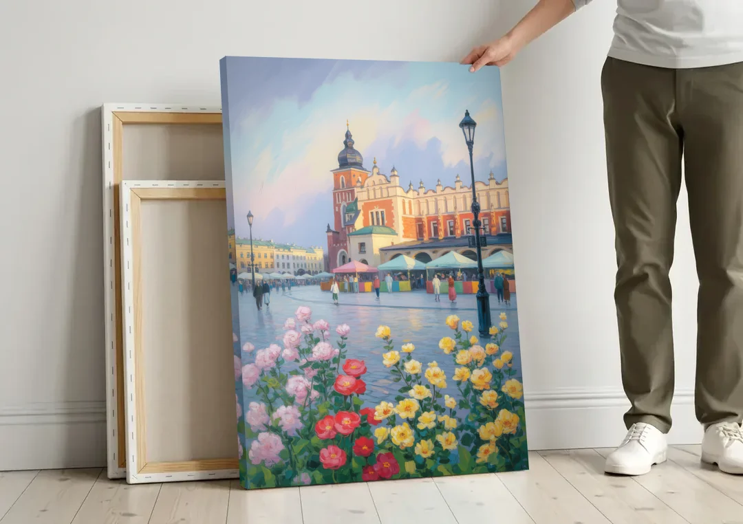 Krakow's Cloth Hall canvas wall art leaning against a wall next to blank canvases