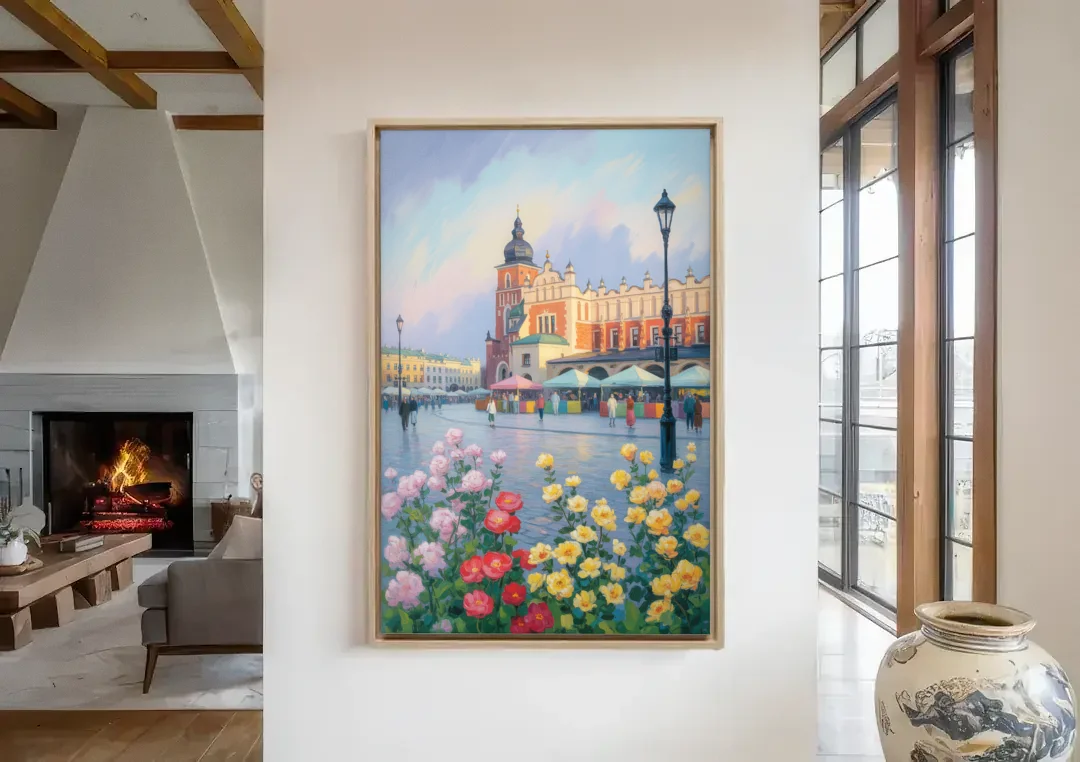 Krakow's Cloth Hall canvas wall art in a living room with a fireplace