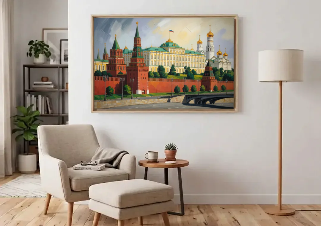 Kremlin Majesty canvas wall art above an armchair in a bright living room