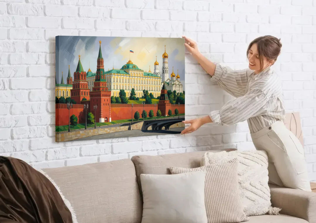Kremlin Majesty canvas wall art being hung on a white brick wall above a sofa