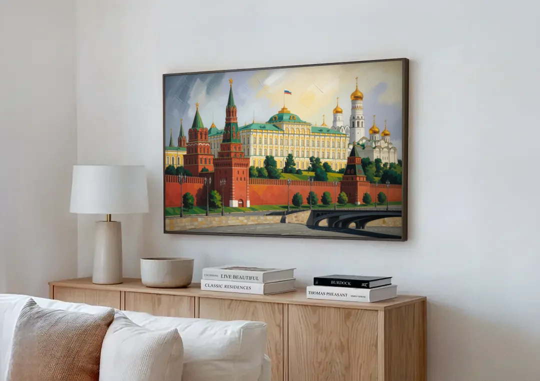 Kremlin Majesty canvas wall art above a wooden sideboard next to a sofa