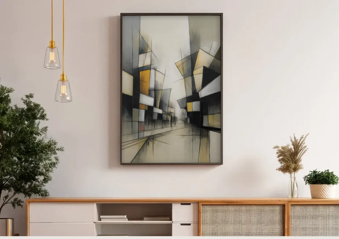 Kreuzberg Colors canvas wall art above a wooden sideboard under pendant lights