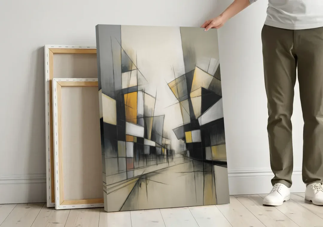 Kreuzberg Colors canvas wall art leaning against a wall next to blank canvases
