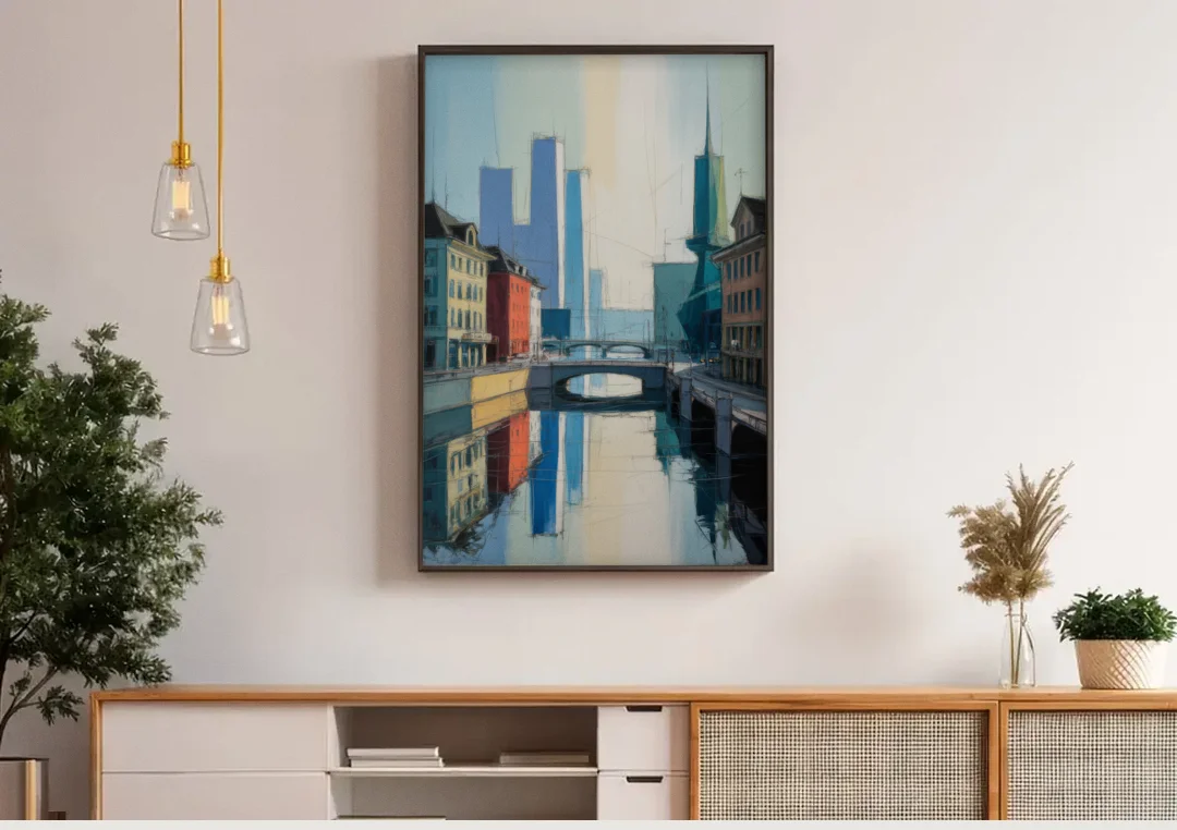 Kunsthaus Zurich Beauty canvas wall art above a wooden sideboard under pendant lights