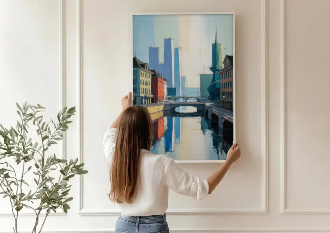 Kunsthaus Zurich Beauty canvas wall art being hung on a paneled wall
