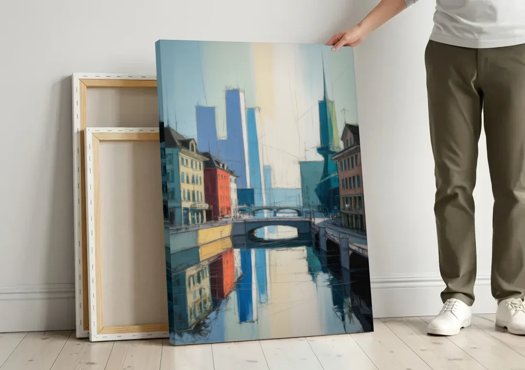 Kunsthaus Zurich Beauty canvas wall art leaning against a wall next to blank canvases
