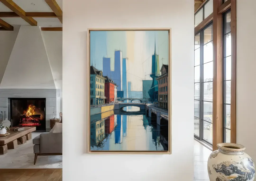 Kunsthaus Zurich Beauty canvas wall art in a living room with a fireplace