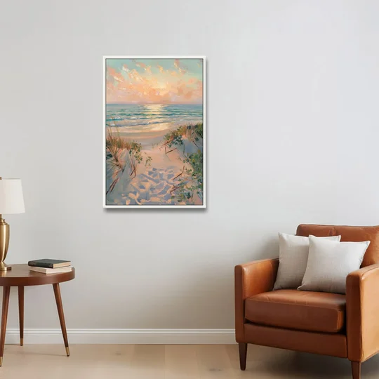 La Jolla Beachfront Serenity - White Framed Canvas Wall Art - Sofa - 24x36
