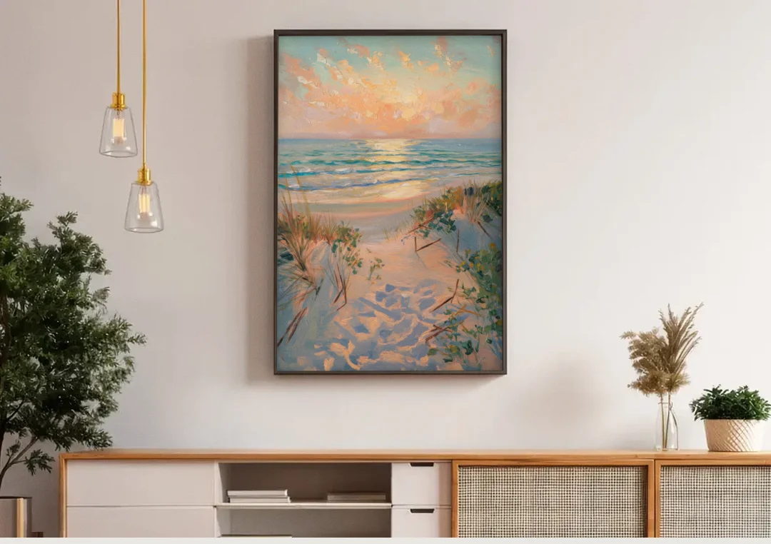 La Jolla Beachfront Serenity canvas wall art above a wooden sideboard under pendant lights