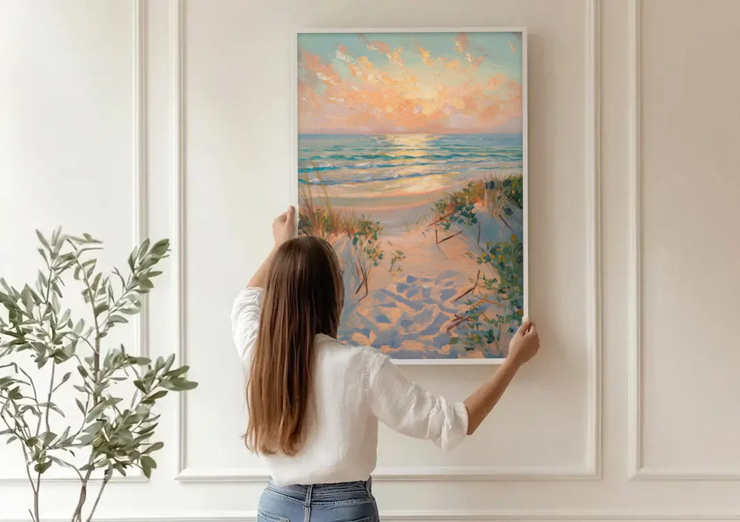 La Jolla Beachfront Serenity canvas wall art being hung on a paneled wall