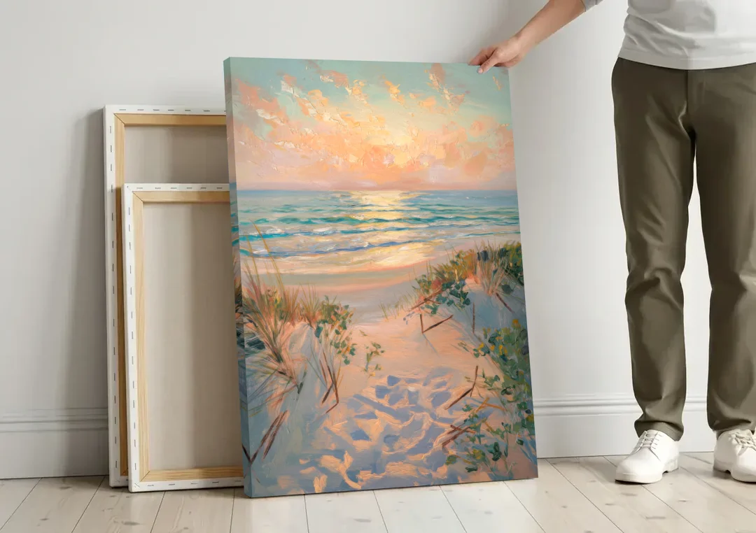 La Jolla Beachfront Serenity canvas wall art leaning against a wall next to blank canvases