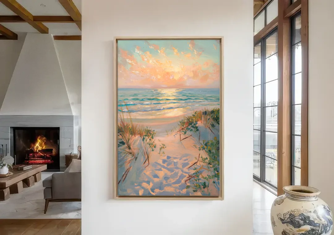 La Jolla Beachfront Serenity canvas wall art in a living room with a fireplace