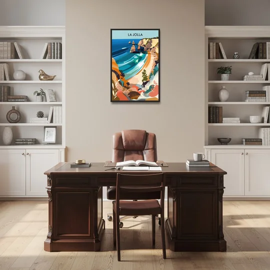 La Jolla Coastal Vibes - Black Framed Canvas Wall Art - Office - 24x36