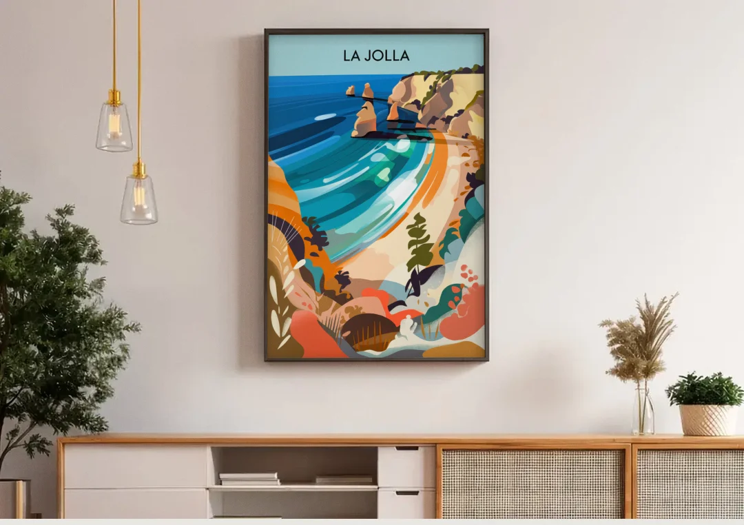La Jolla Coastal Vibes canvas wall art above a wooden sideboard under pendant lights
