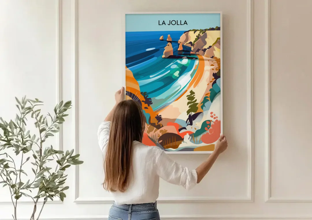 La Jolla Coastal Vibes canvas wall art being hung on a paneled wall