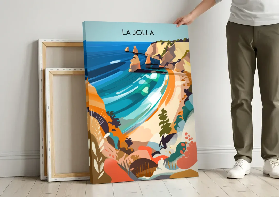 La Jolla Coastal Vibes canvas wall art leaning against a wall next to blank canvases
