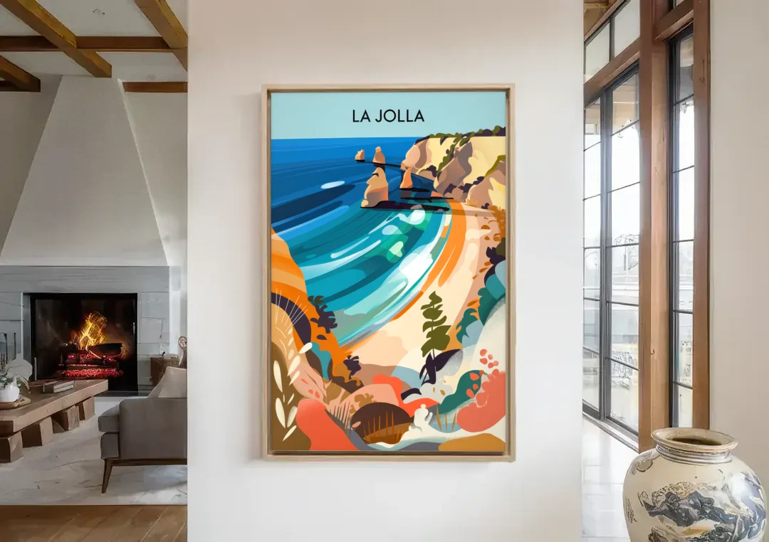 La Jolla Coastal Vibes canvas wall art in a living room with a fireplace