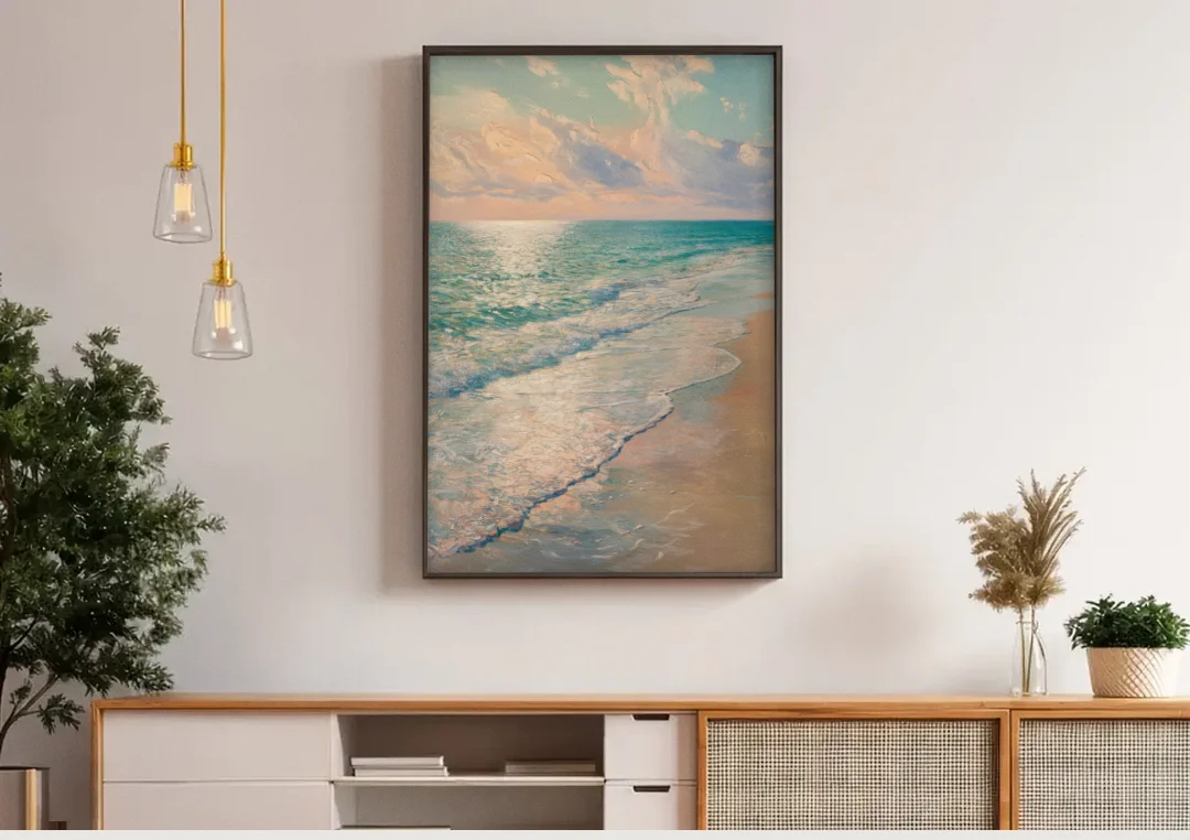 La Jolla Ocean Breeze canvas wall art above a wooden sideboard under pendant lights