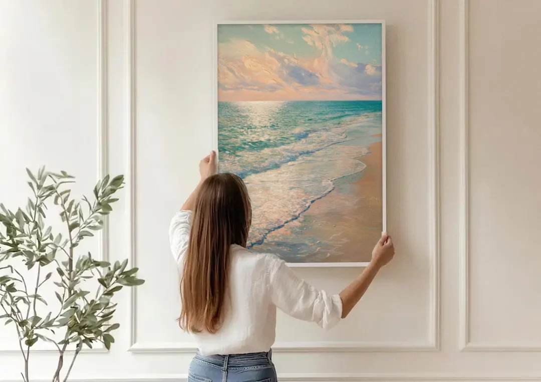 La Jolla Ocean Breeze canvas wall art being hung on a paneled wall