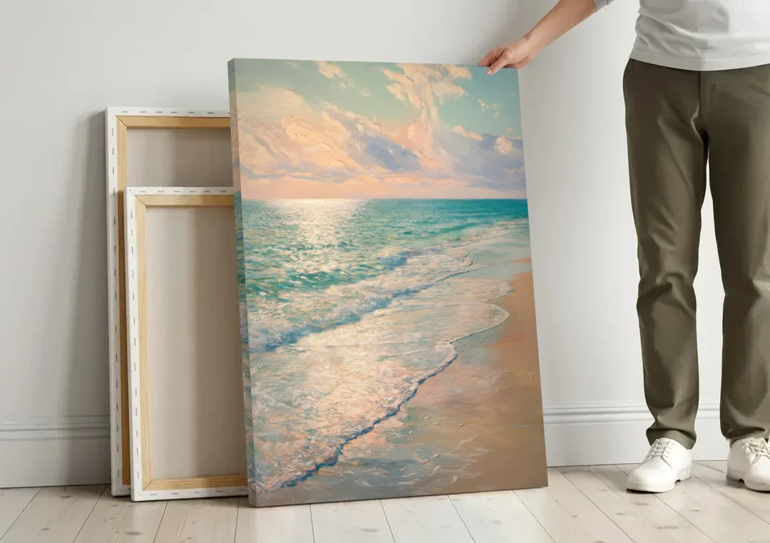 La Jolla Ocean Breeze canvas wall art leaning against a wall next to blank canvases