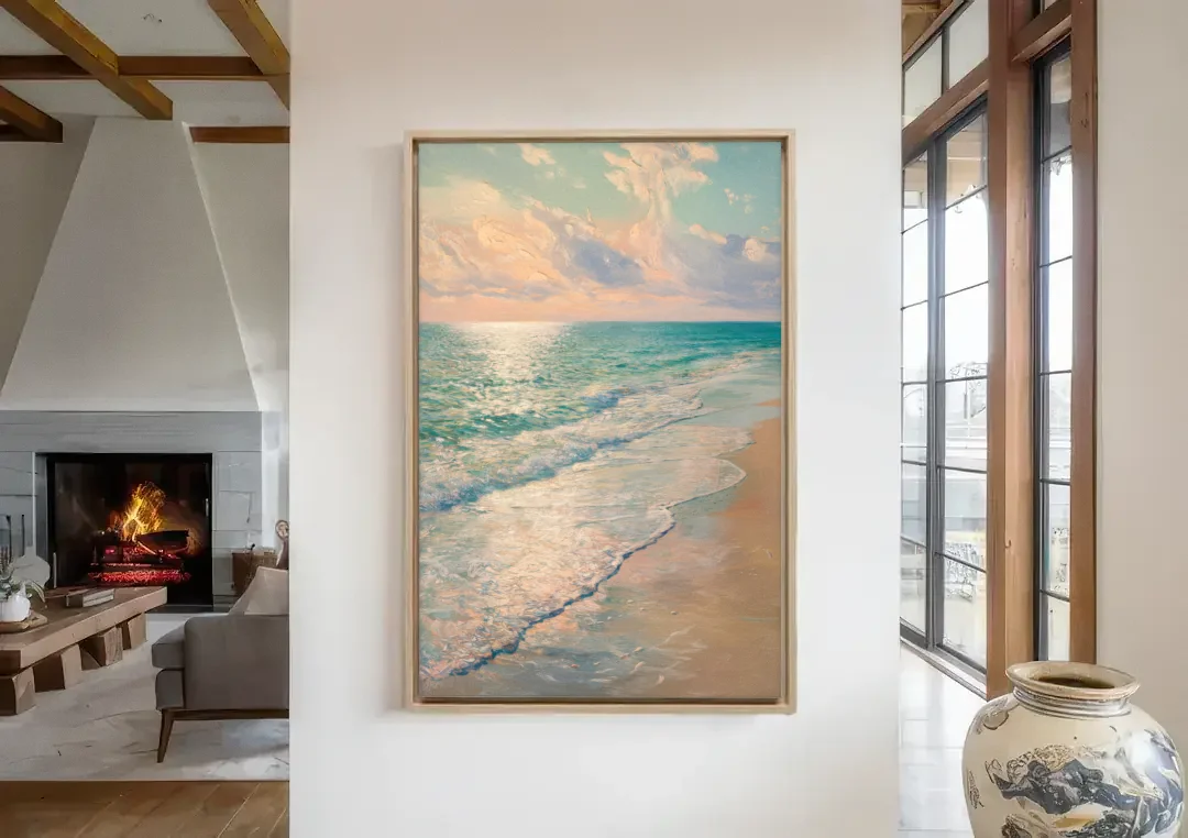 La Jolla Ocean Breeze canvas wall art in a living room with a fireplace