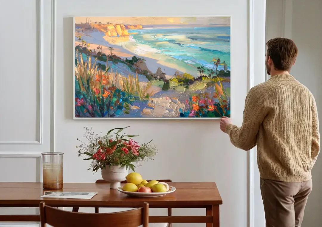 La Jolla Pacific Blues canvas wall art above a dining table