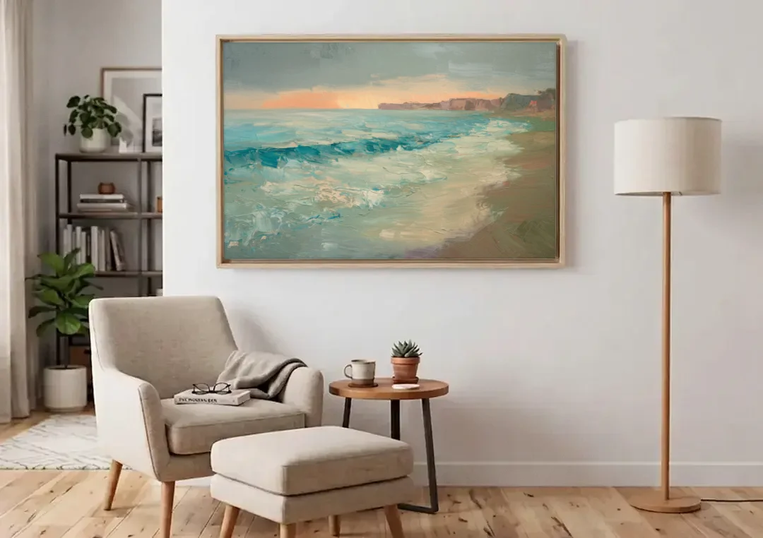 La Jolla Seaside Charm canvas wall art above an armchair in a bright living room