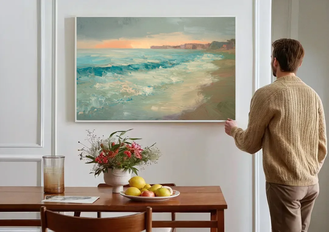 La Jolla Seaside Charm canvas wall art above a dining table