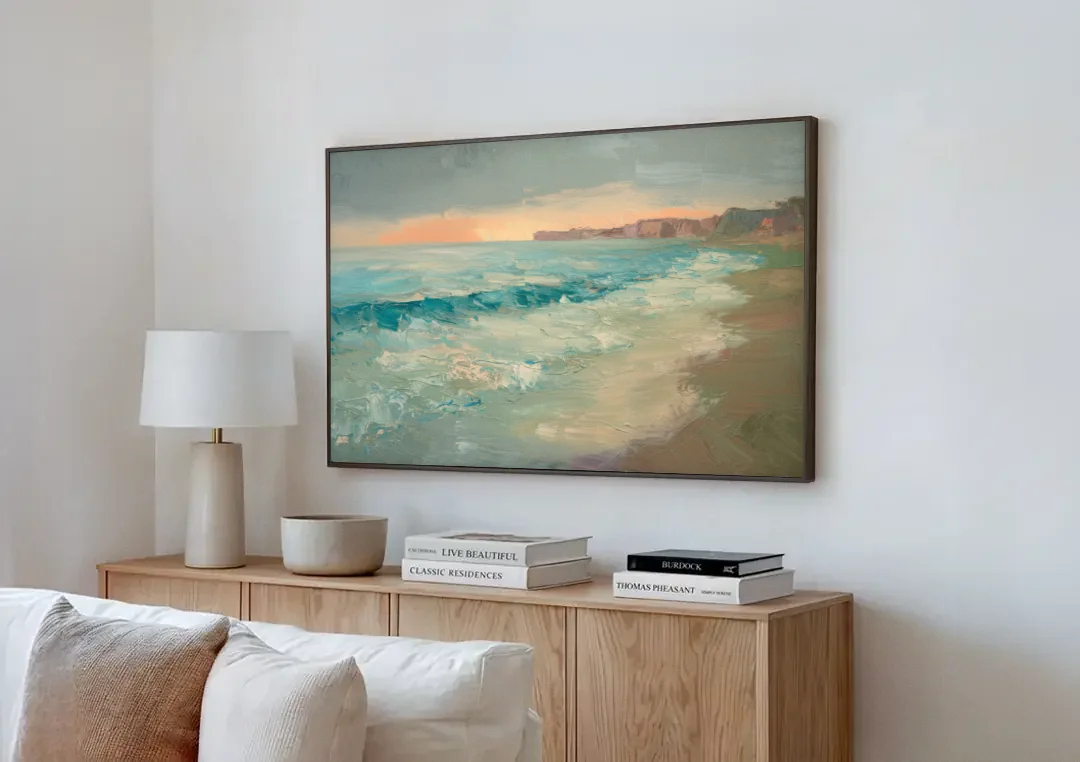 La Jolla Seaside Charm canvas wall art above a wooden sideboard next to a sofa